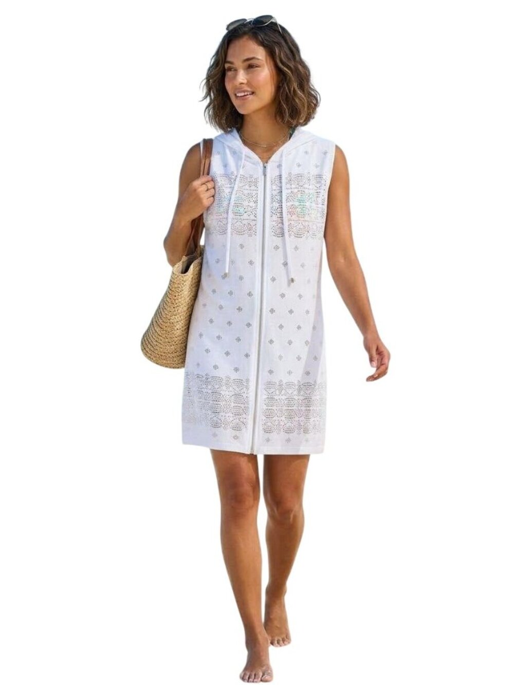 Dotti White Lace Full Zip Hooded Swimsuit Coverup Beach Vacation Size L